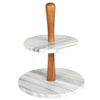 Creative Home 2-Tier Natural Marble and Acacia Wood Cake Dessert Stand, Fruit Plate, Pastry Serve... | The Home Depot