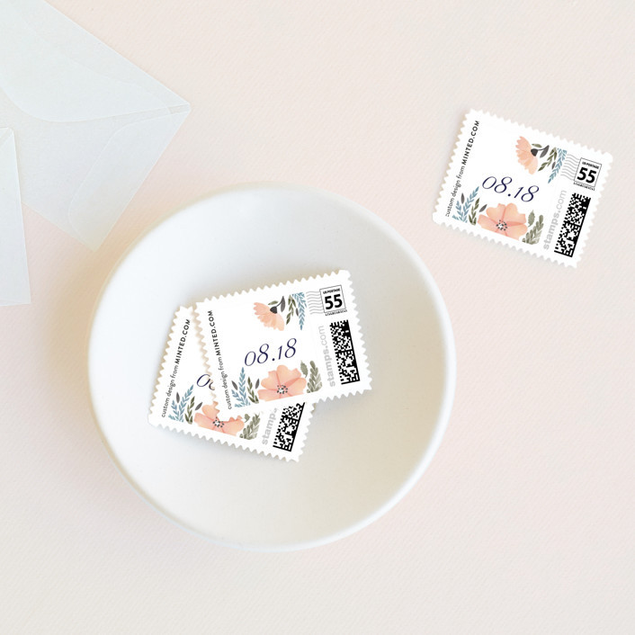 "Romantic Watercolor Flora" - Customizable Wedding Stamps in Pink or Blue by Petra Kern. | Minted