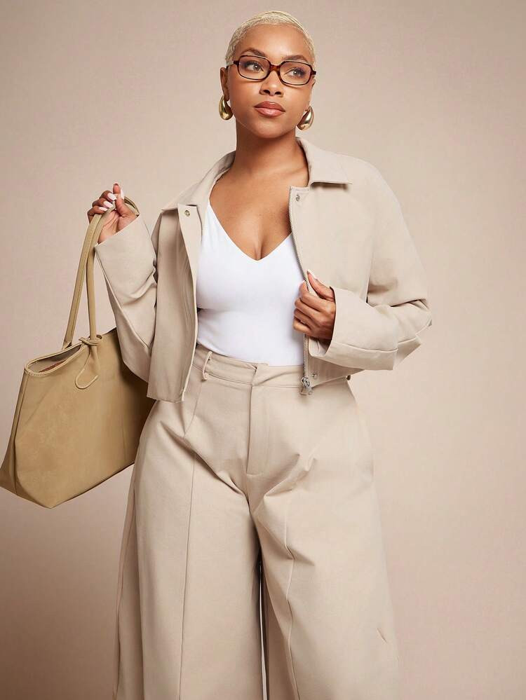 Vixey Woven Twill Cocoon Sleeve Pointed Collar Zip Up Jacket | SHEIN