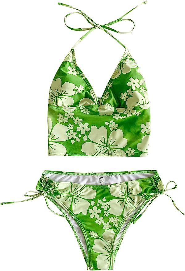 Floerns Women's Two Piece Bathing Suit Halter Neck Tie Side Bikini Swimsuit | Amazon (US)