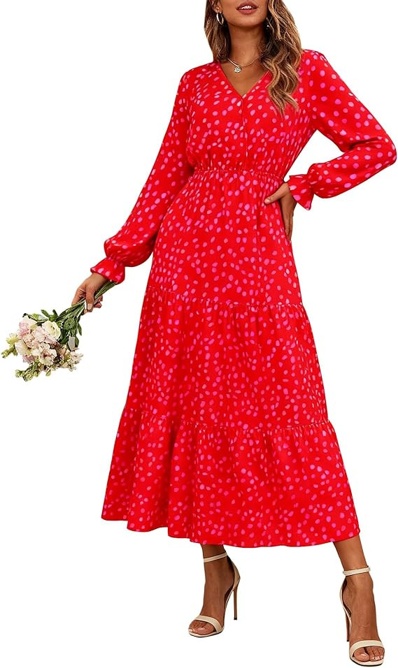 BTFBM Women Fall Dresses 2025 Casual Long Sleeve V Neck Maxi Dresses Floral Boho Long Dress Weddi... | Amazon (US)