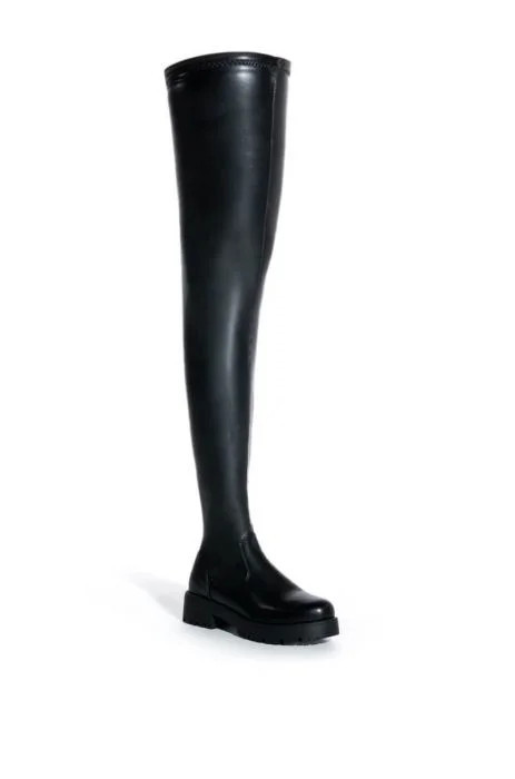 AZALEA WANG SURGICAL FLATFORM BOOT WITH 4 WAY STRETCH IN STRETCH PU in black | AKIRA