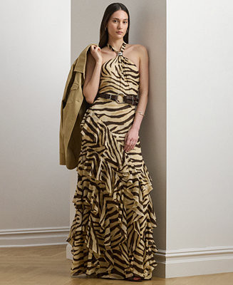 Women's Zebra-Print Ruffle-Trim Georgette Gown | Macy's