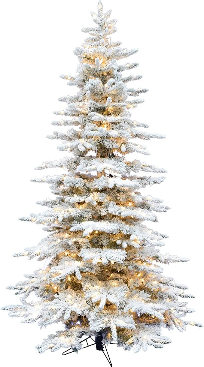 Fraser Hill Farm 7.5-Ft. Flocked Mountain Pine Christmas Tree with Smart String Lighting, White | Amazon (US)