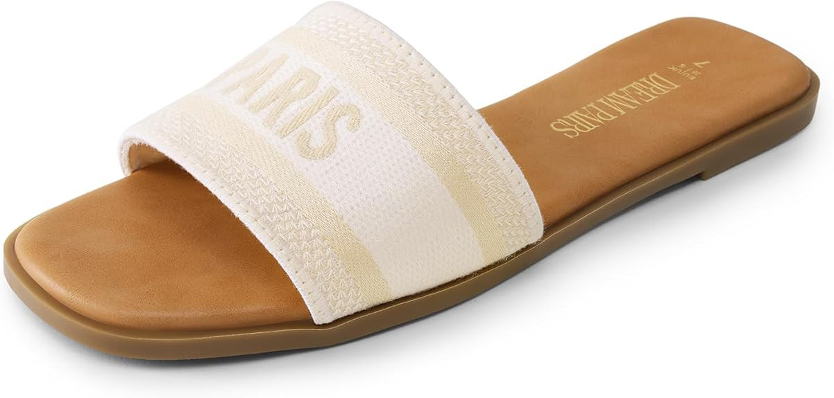 DREAM PAIRS Women's Flat Sandals Slip On Slides Sandals Square Open Toe Jacquard Braided Fashion ... | Amazon (US)