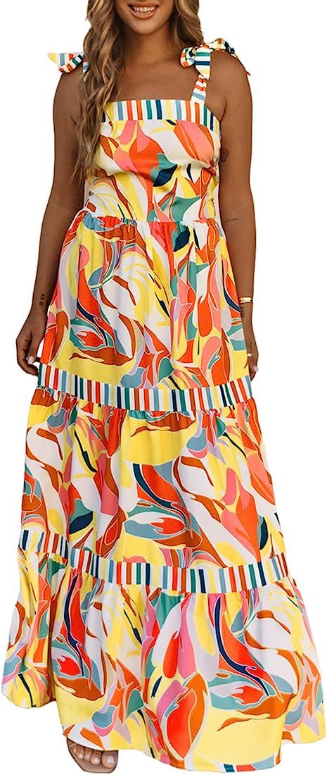 AlvaQ Women's 2023 Summer Sleeveless Floral Print Maxi Dress Strap Square Neck Beach Sun Dress | Amazon (US)
