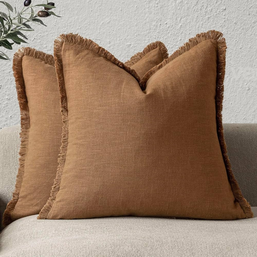 Foindtower Set of 2 Decorative Linen Fringe Throw Pillow Covers Cozy Boho Farmhouse Cushion Cover... | Amazon (US)