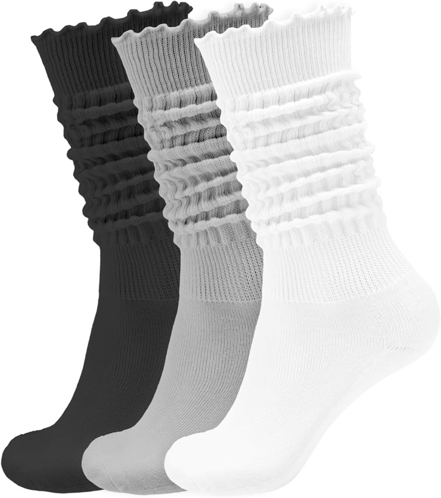 AugRing Women\u2019s Ruffle Slouchy Socks 3 Pack Retro Cute Frilly Scrunch Knee High Cozy Cotton ... | Amazon (US)