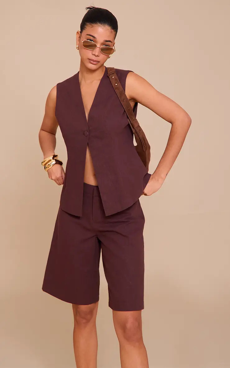 PrettyLittleThing Deep Chocolate Premium Linen Button Waistcoat Co-ord | Boohoo USA | boohoo (US & Canada)