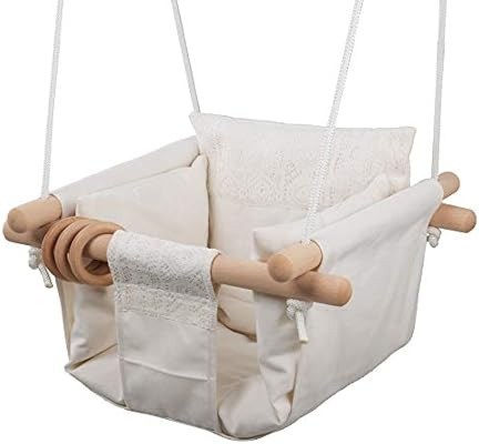 Jozeit Baby Kids Toddler Canvas Swing Seat Chair - with Cushion - Lace Decor (Beige) | Amazon (US)