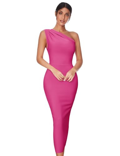 Womens One Shoulder Bodycon Bandage Dress Maxi Long Party Dresses Wedding Guest Dress(A-Rose,S) | Amazon (US)