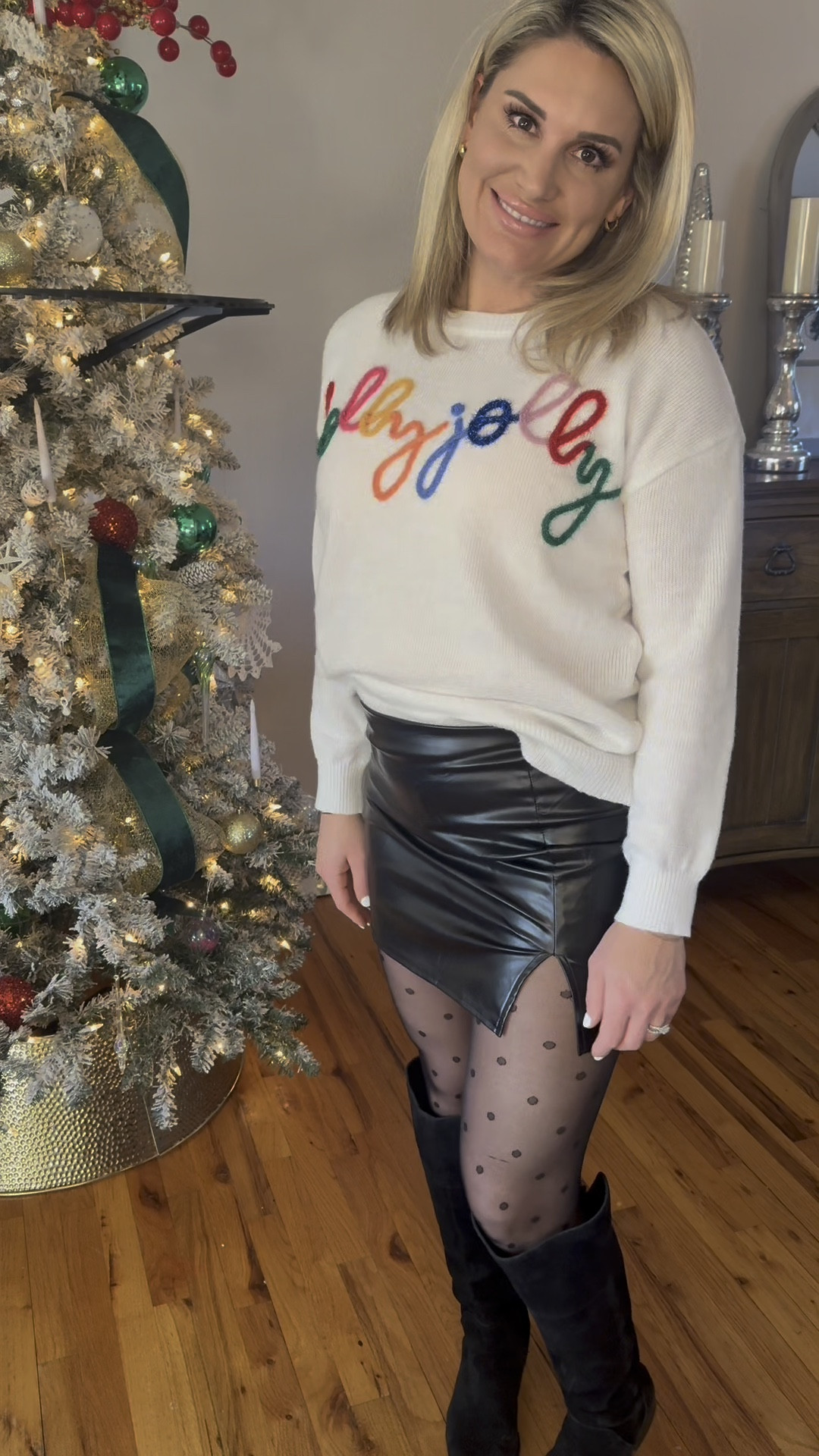 I love Christmas sweaters you can dress them up or down and they look so cute!  Easy holiday outfits!

Holly Jolly Sweater: Medium
Santa Face Long Sleeve: Large 
Spanx leggings: large 
Pleather Skirt: Large 

#LTKSeasonal #LTKGiftGuide #LTKHoliday
