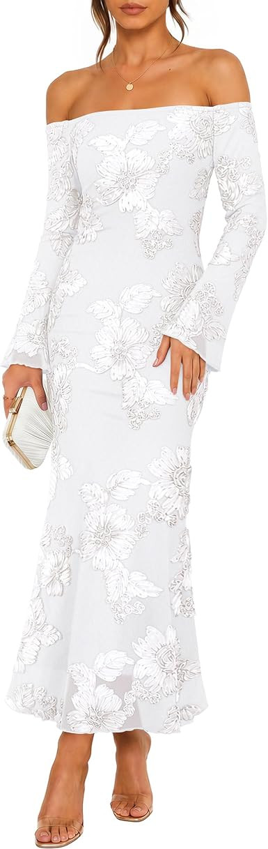 ZESICA Women's Fall Off Shoulder Floral Wedding Guest Maxi Dresses | Amazon (US)