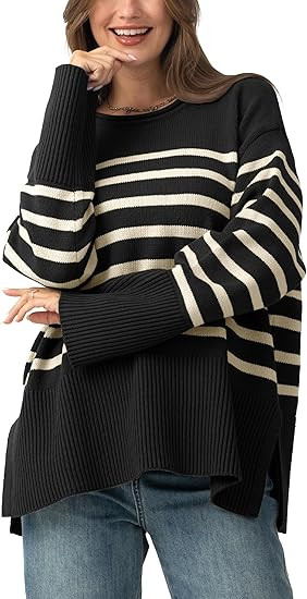 Women's Oversized Sweaters, Striped Trendy Fall Pullover Crew Neck Knit Jumper Top Side Slit Colo... | Amazon (US)