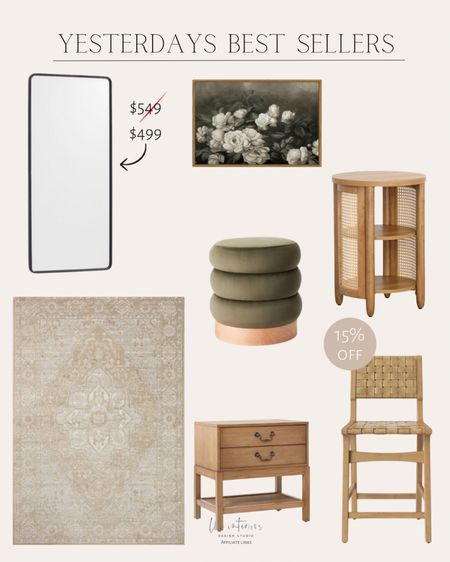 Yesterdays Best Sellers
Vintage slim medicine cabinet / wood barstool / area rug / accent table / clarkdale ottoman / floral vintage wall art 

#LTKHome #LTKSaleAlert