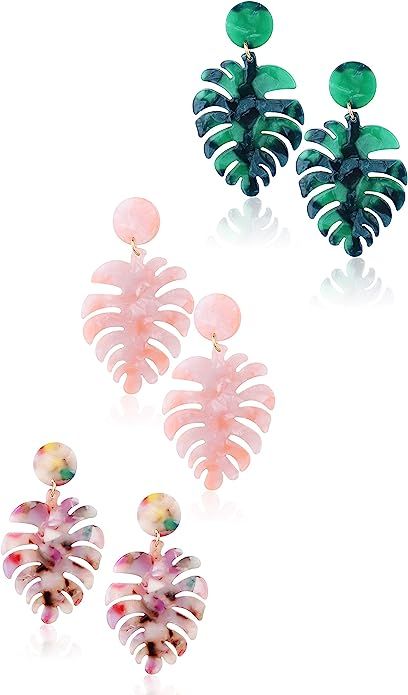 Sllaiss 3 Pairs Palm Leaf Acrylic Earrings for Women Drop Dangle Statement Earrings Bohemian Resi... | Amazon (US)