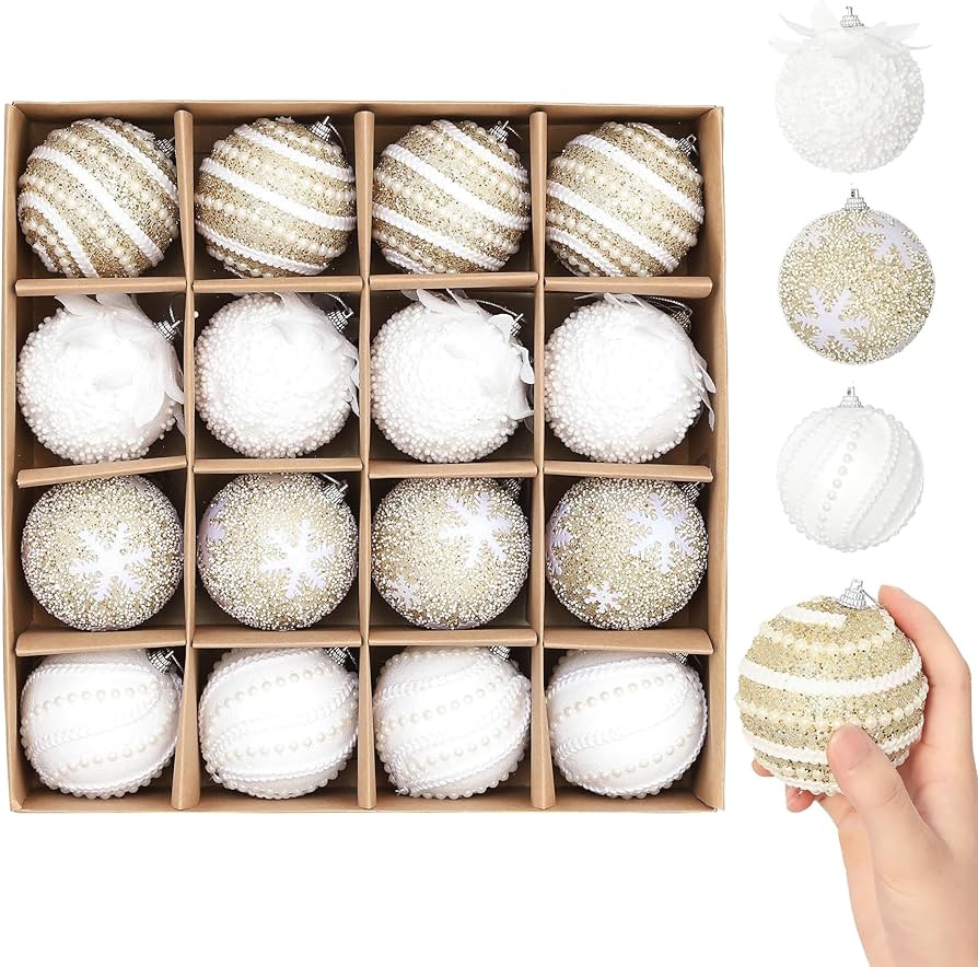 Christmas Tree Ball Ornament Set 16pcs 80mm/3.15inch Champagne Gold White Glittering Shatterproof... | Amazon (US)