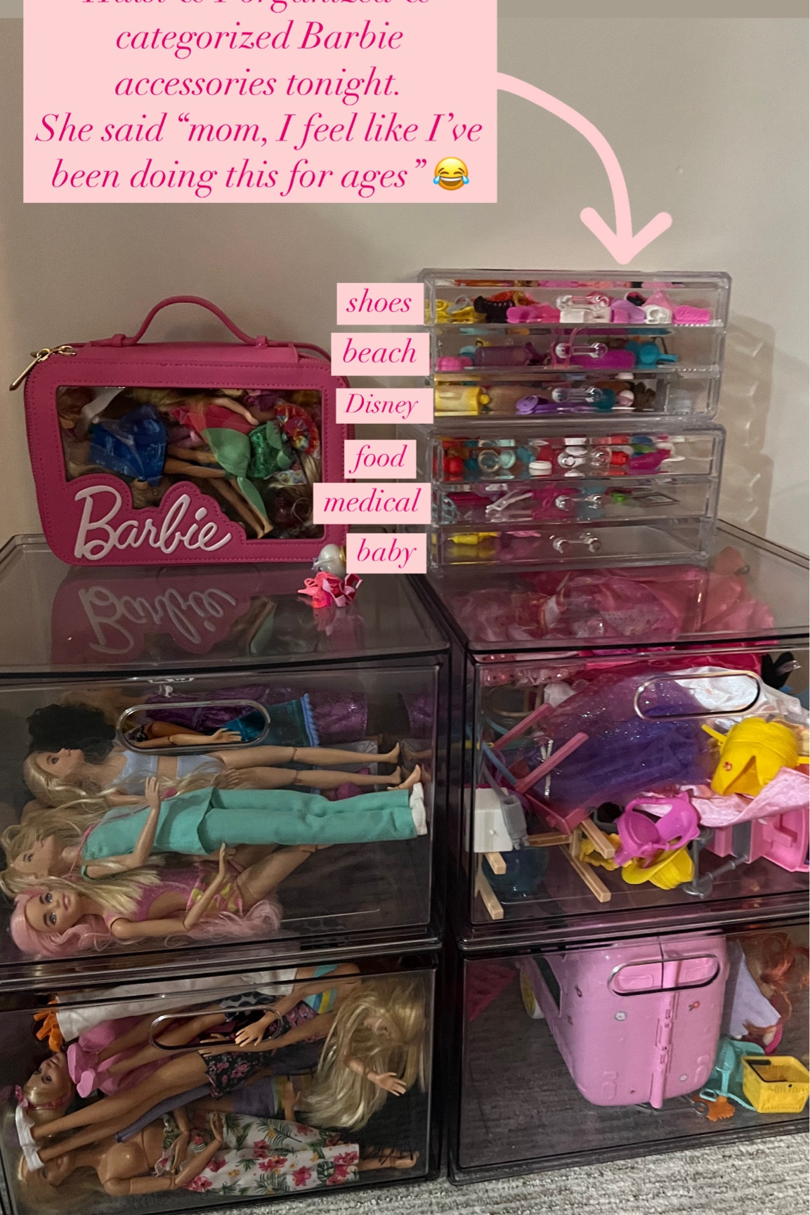 Barbie organization storage - these stackable acrylic drawers are a best seller every week! Halston takes her Barbie zip around organizer everywhere. The drawer organizers are ideal for organizing tiny pieces like shoes, baby, beach, medical sets. Great for girl gifts too

#LTKKids #LTKParties #LTKFamily