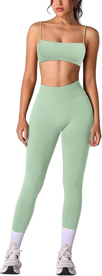 ABOCIW Workout Sets for Women 2 Piece Seamless Bandeau Strappy Sports Bra High Waist Leggings Yog... | Amazon (US)