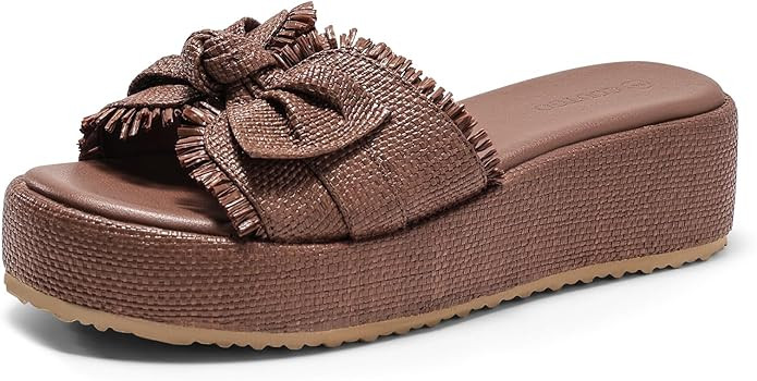 Coutgo Womens Platform Wedge Sandals Bow Open Toe Slide Sandals Straw Slip On Summer Beach Shoes | Amazon (US)