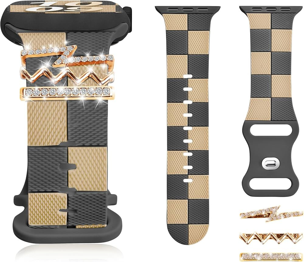 Silicone Strap for Apple Watch Band 41mm, Stylish Checkered Bracelet with Rose Gold Bling Z Charm... | Amazon (US)