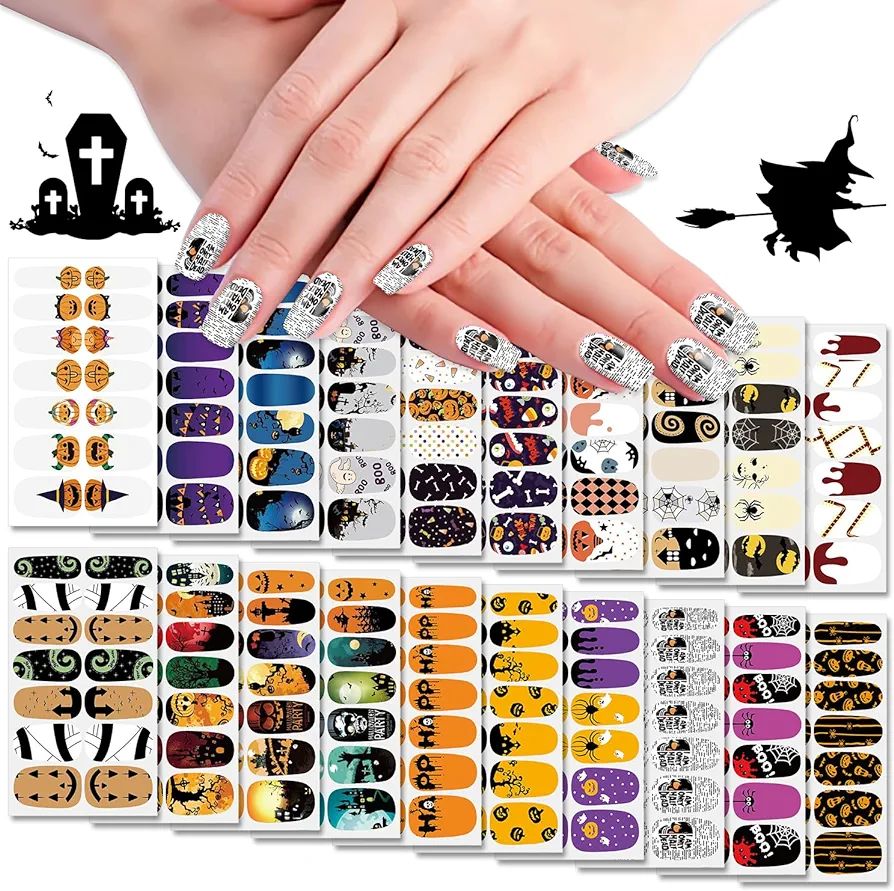 WOKOTO 20 Sheets Halloween Nail Polish Stickers Full Wrap Strips Halloween Nail Art Stickers Deca... | Amazon (US)