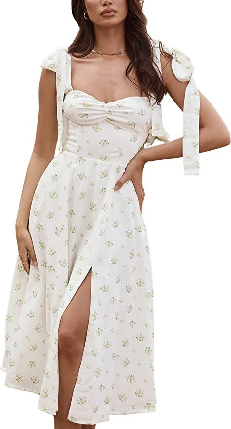 Omoone Women's Strappy Slip Dress Tie Shoulder Floral Bodycon Dresses Sleeveless Slit Dress | Amazon (US)