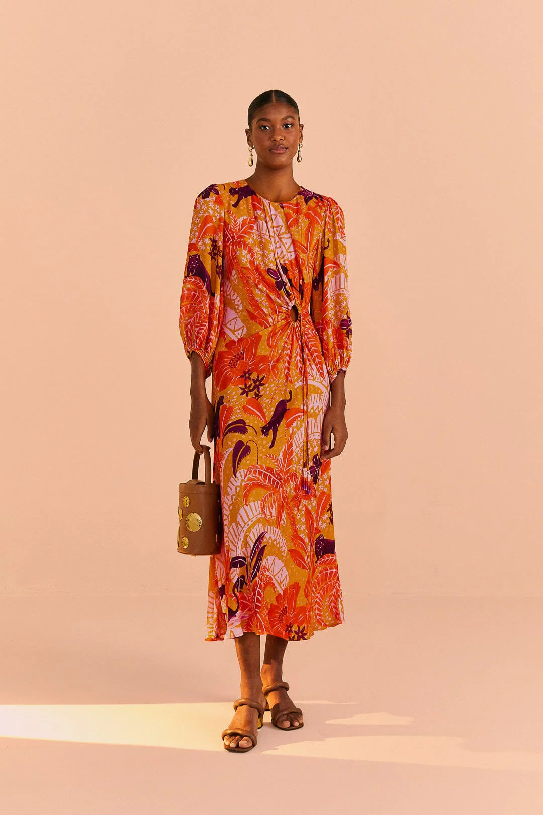 Beige Jungle Panther Lenzing™ Ecovero™ Viscose Midi Dress | FarmRio (US)