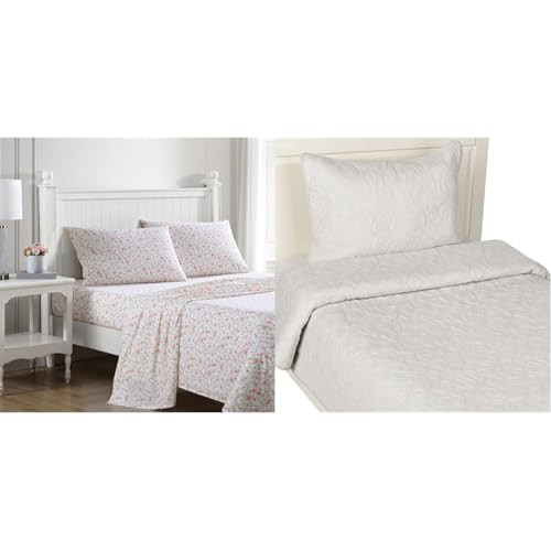 Laura Ashley - Twin/Twin XL Bedding Bundle, Reversible Comforter with Matching Sham & Cotton Percale Sheet Set, Deep Pocket, Dorm Essentials (Grey/Pink) | Amazon (US)