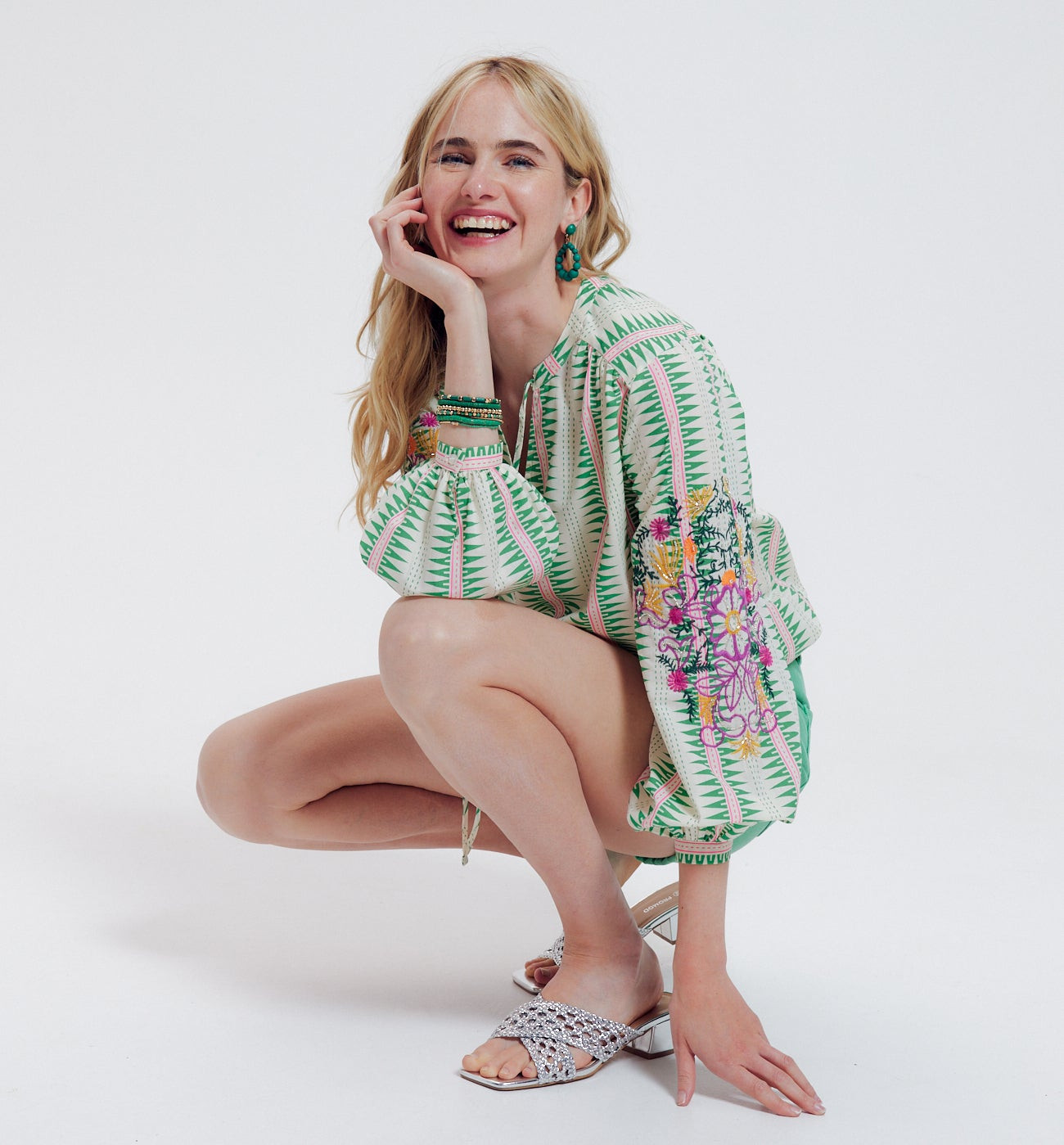 Blouse brodée - Rayé vert | Promod (FR)