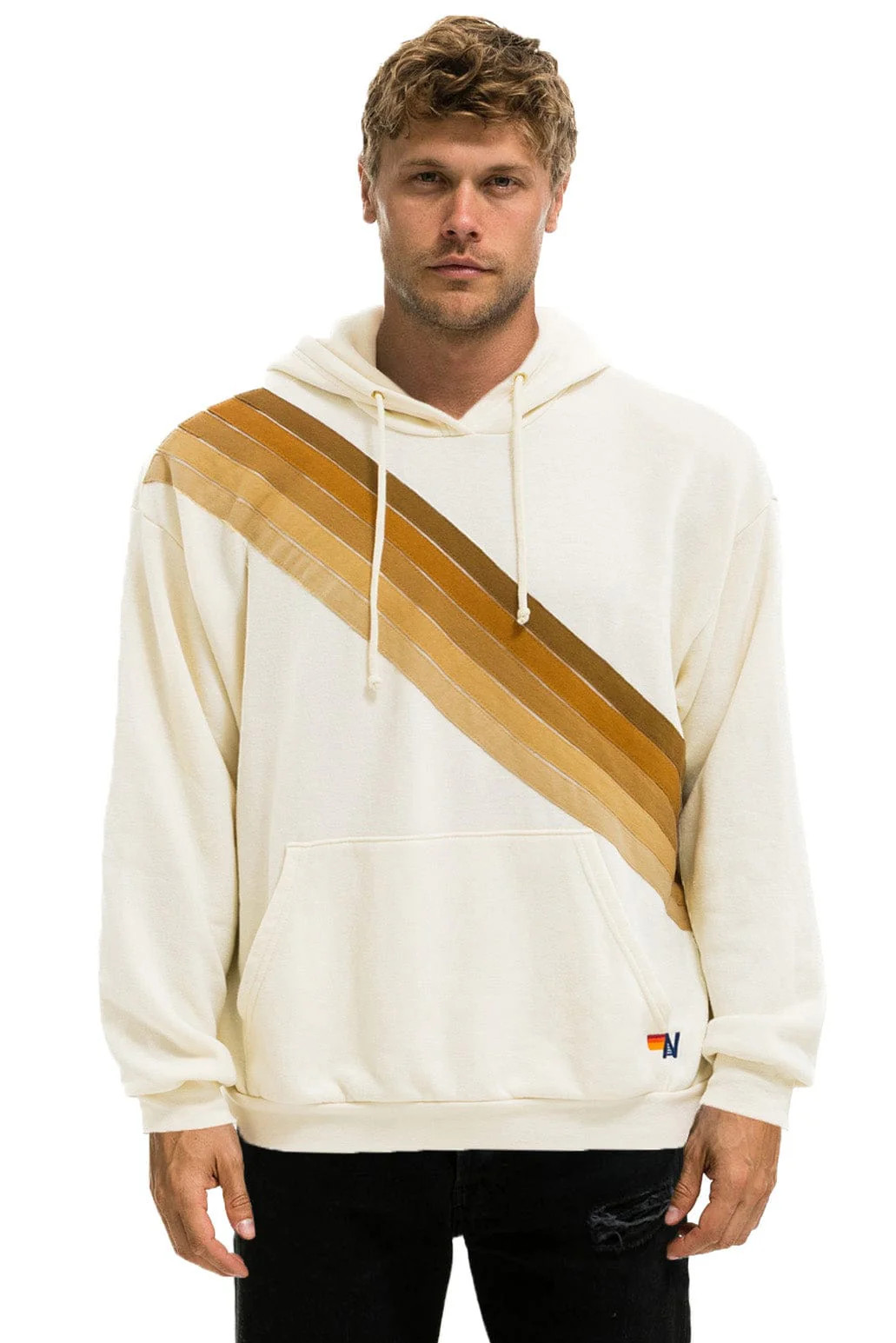 CROSS STRIPE RELAXED PULLOVER HOODIE - VINTAGE WHITE // BROWN | Aviator Nation