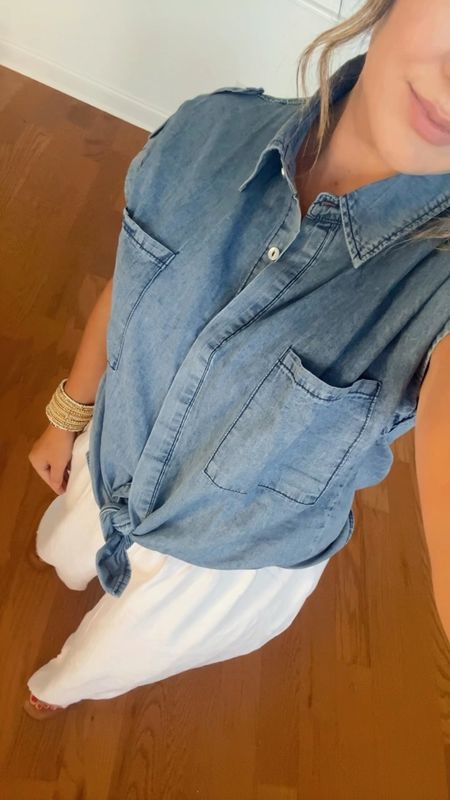Denim Shirt Outfit 

Denim Shirt, Chambray Shirt, Button Up Top, Pull On Pants, White Pants, Sandals, Summer Outfit, Work Outfits, Button Down Tops, Jewelry, Bags, Tote Bags 

#LTKShoeCrush #LTKStyleTip #LTKWorkwear