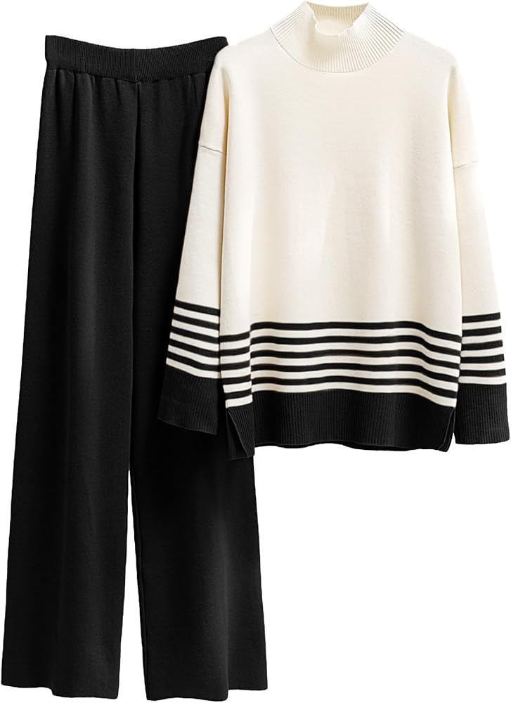 ELLENWELL 2023 Casual Sweater Sets Women 2 piece Outfits Long Sleeve Striped Pullover Top Wide Le... | Amazon (US)
