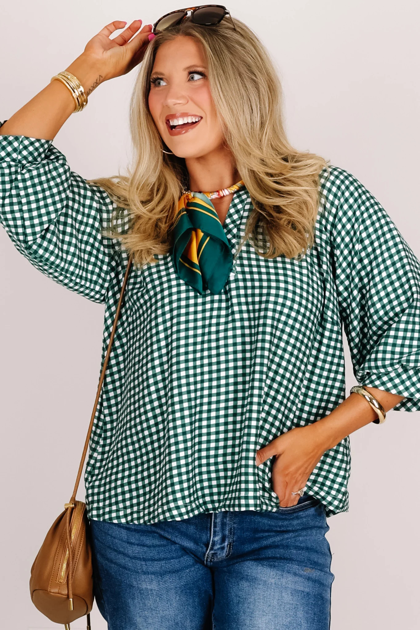 Rebecca Hunter Green Gingham Long Sleeve Blouse Hunter Green / Large | The Willow Tree