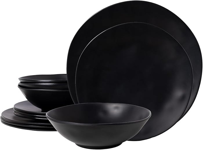 Black Melamine Plates and Bowls Set，12-Piece Melamine Dinnerware Sets for Indoor and Outdoor Us... | Amazon (US)