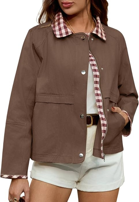 Women Cropped Bomber Jacket Zip up Plaid Barn Coat Lightweight Casual Gingham Spring Cargo Outwea... | Amazon (US)