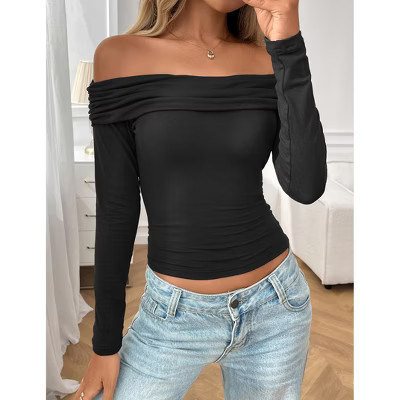 Women's Off Shoulder Top Casual Long Sleeve Bodycon Blouse Going Out Shirt Black L | Target
