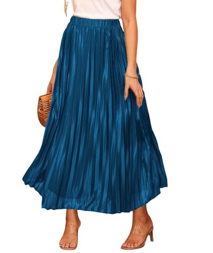 EARKOHA Women Pleated Maxi Skirt Metallic Accordion Shiny Elastic High Waist A Line Fall Party Long Flowy Skirts Navy Blue M | Amazon (US)