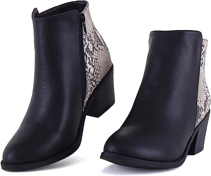 Women’s Chunky Block Heels Booties with Side Zipper, Closed Pointed Toe Snakeskin Print Ankle B... | Amazon (US)