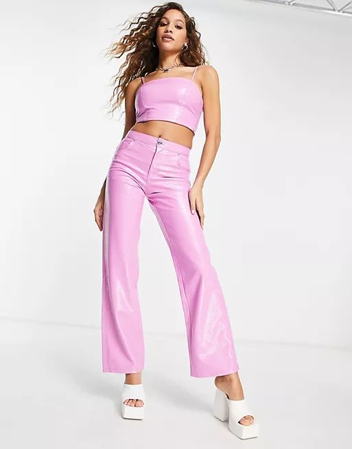 Bershka croc effect faux leather straight leg trouser co-ord in pink | ASOS (Global)