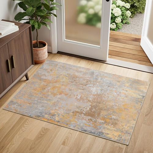 Entryway Rug 2x3 Beige Gold Door Mat Indoor Entrance 24x36, Washable Small Throw Rugs for Kitchen Floor, Entry, Front Door, Bedroom Bedside, Non-Slip Low Pile Stain & Fade Resistant, Abstract | Amazon (US)
