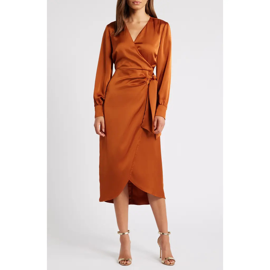 Sam Edelman Fluid Long Sleeve Satin Faux Wrap Midi Dress in Copper at Nordstrom, Size 6 | Nordstrom