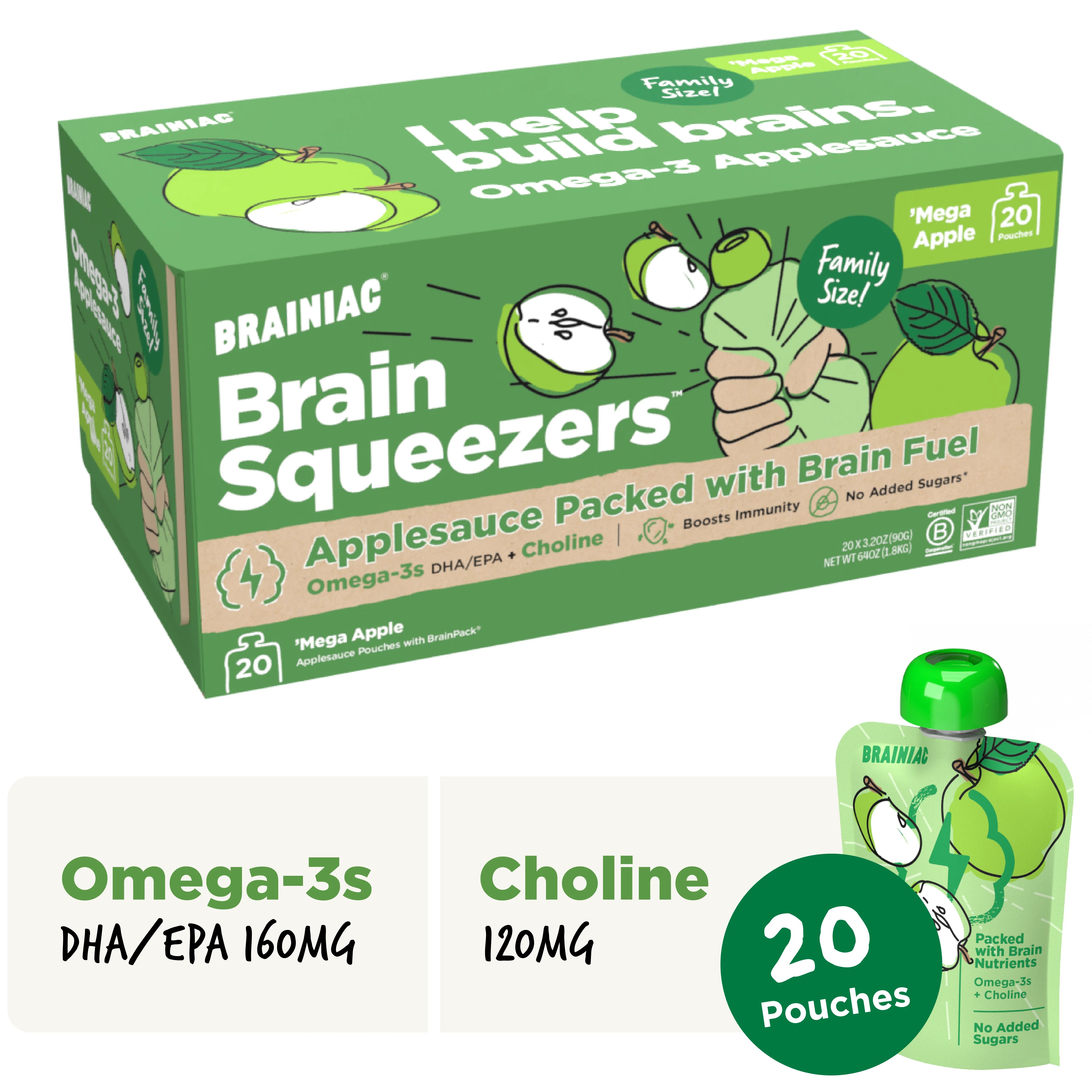 Brainiac Omega-3 Applesauce, Apple, No Sugar Added, 3.2 oz, 20 Ct - Walmart.com | Walmart (US)