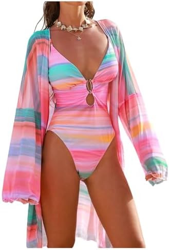 SweatyRocks Women's Deep V Neck One Piece Swimsuit Ring Linked Cut Out Bathing Suit with Cover Up | Amazon (US)