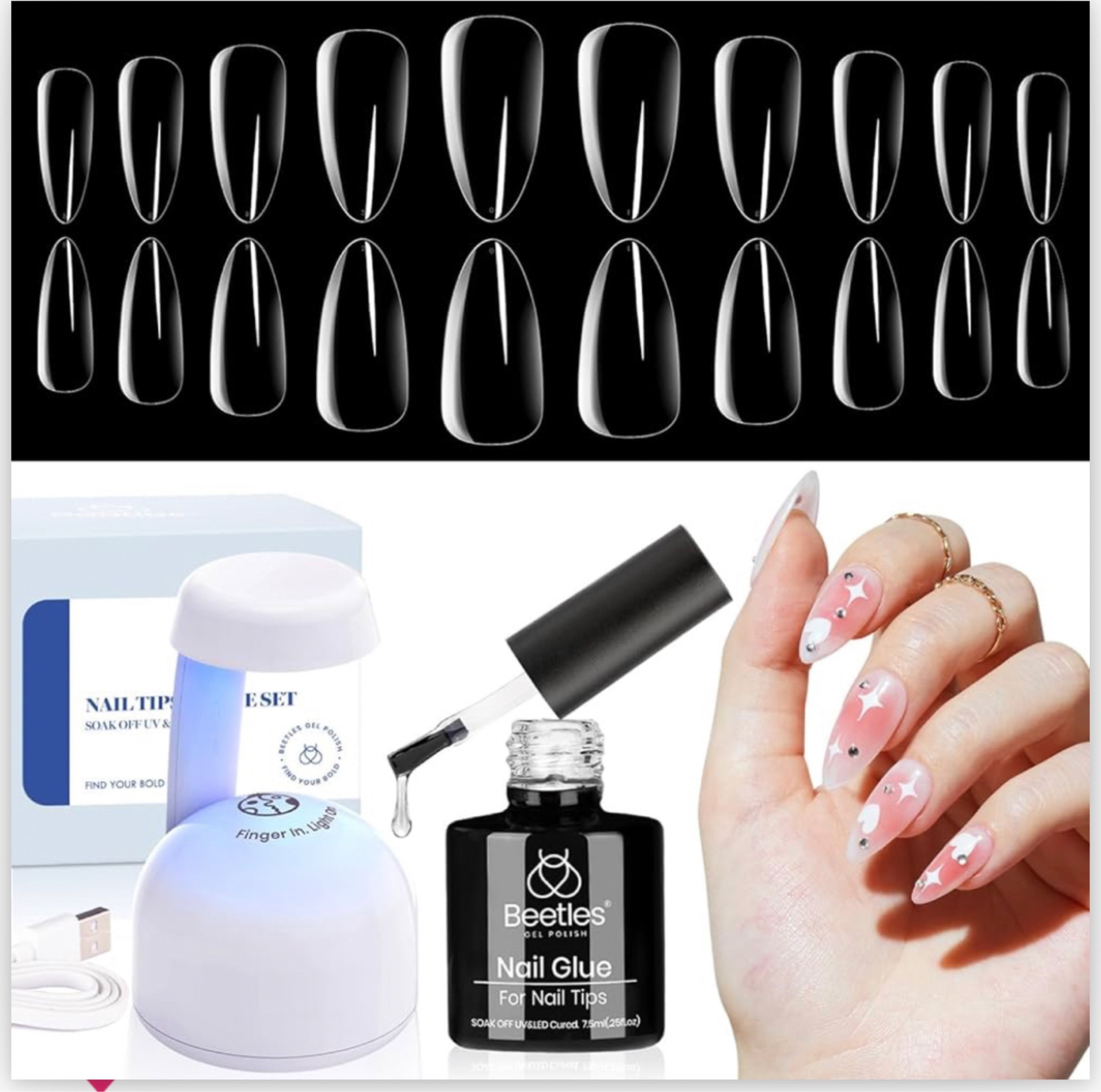Almond gel nail tips kit with glue and lamp