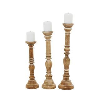 Litton Lane Brown Mango Wood Traditional Candle Holder (Set of 3) 14343 | The Home Depot