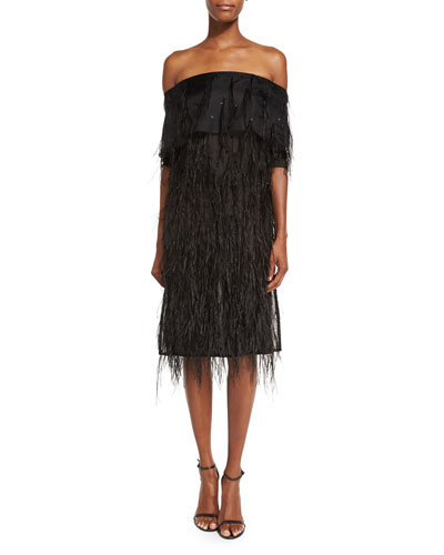 Off-Shoulder Feather-Embellished Cocktail Dress, Black | Bergdorf Goodman