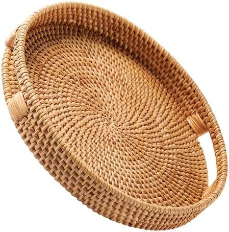 JUNGLE CULTURE Large Rattan Serving Tray 14" in Natural Honey • Round Table Basket • Wicker O... | Amazon (US)