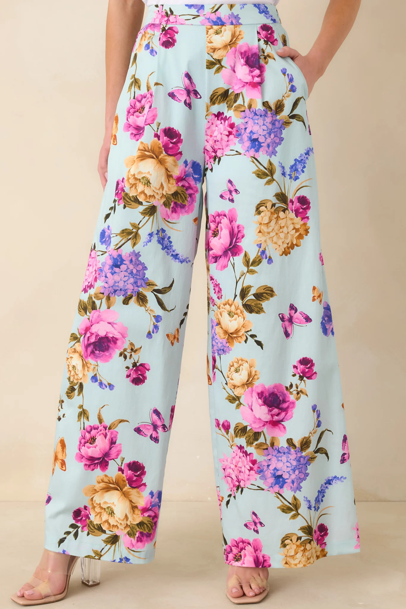 Prosperina Barrett Blue Multi Floral Cotton Wide Leg Pants | Red Dress