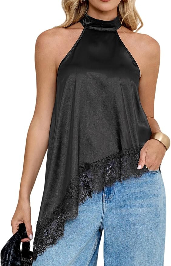 Women's Y2k Halter Top Satin Mock Neck Sleeveless Tank Tops Lace Trim Asymmetrical Hem Cami Sexy ... | Amazon (US)
